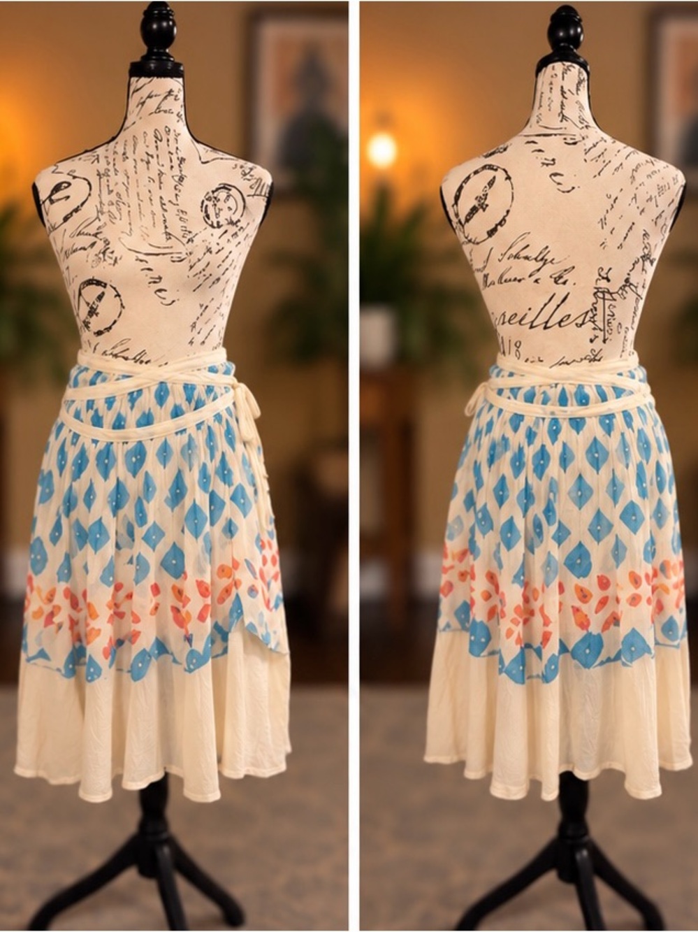 LOFT Cream Blue Coral Printed Wrap Midi Skirt Size 2